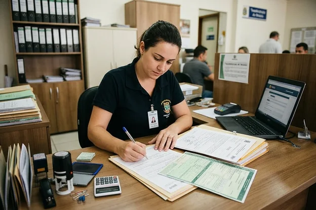 Profissional organizando documentos para transferência de veículo.